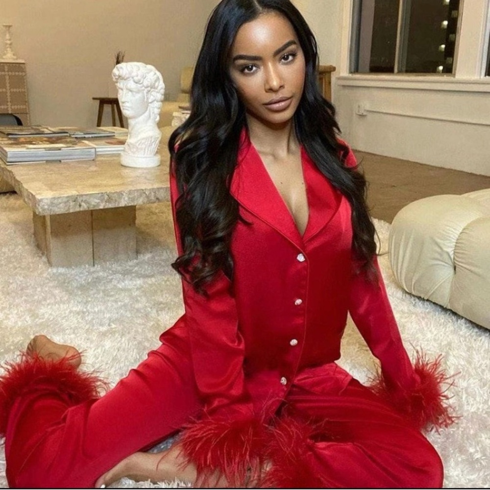 Feather Pajama Set ❤️ 💋 Red Satin XL